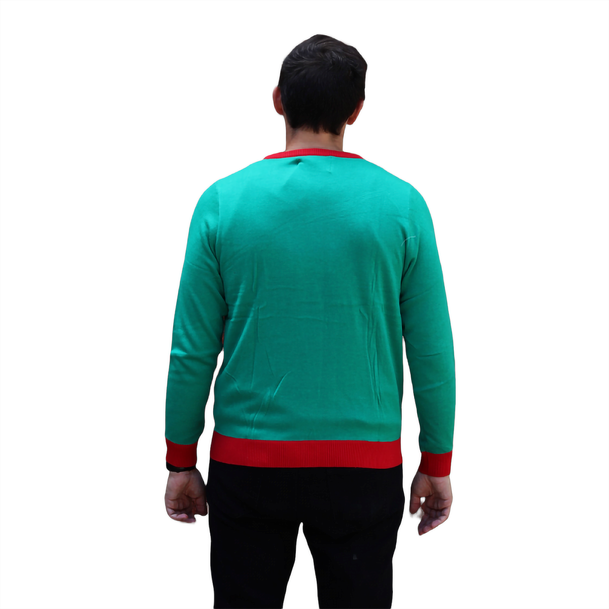 Back view of green crewneck Christmas sweater with red ribbed hem and cuffs