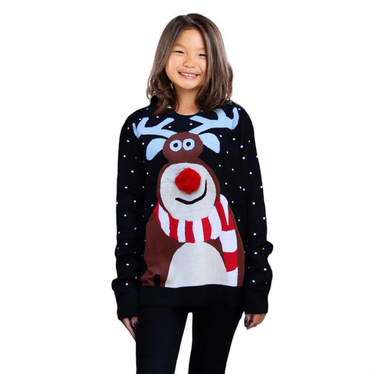 Reindeer Christmas sweater with speckled snow-dot print, red scarf reindeer front, crewneck