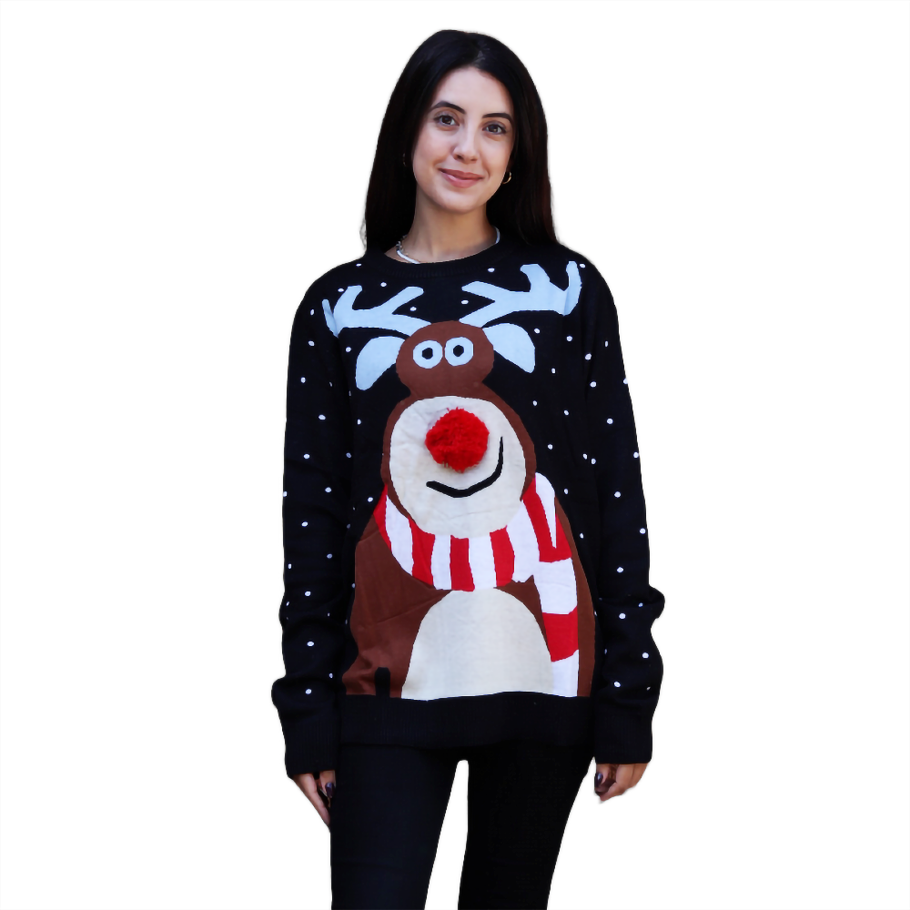 Reindeer Christmas sweater, dark knit with long sleeves and crewneck reindeer graphic