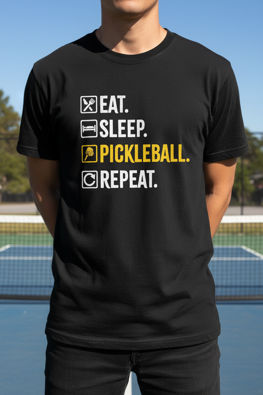 Black short-sleeve t-shirt with rhinestone-style pickleball text: Eat Sleep Pickleball Repeat