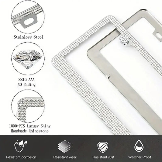 2pcs Rhinestone Decor Glitter Stainless Steel Car License Frame