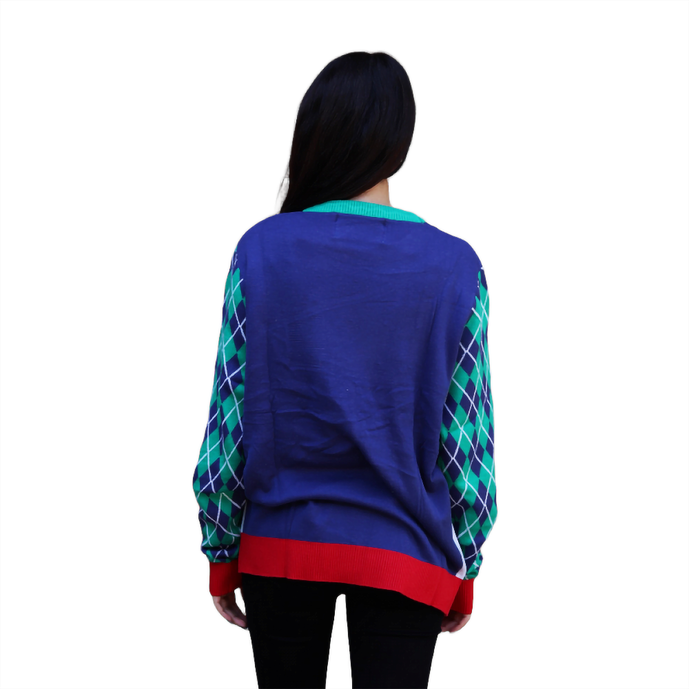 Back view of Santa crewneck sweater, blue with green argyle sleeves and red hem
