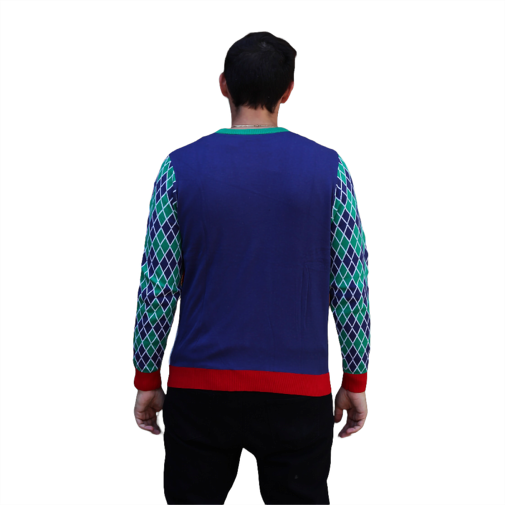 Playful Santa sweater back view with diamond sleeve panels and red striped hem