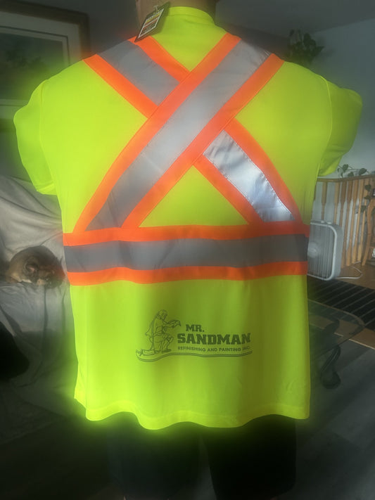 Neon yellow long-sleeve safety mesh T-shirt with orange reflective X and chest logo