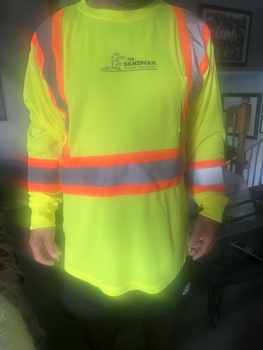 Neon yellow long-sleeve safety mesh T-shirt with reflective bands and custom chest logo
