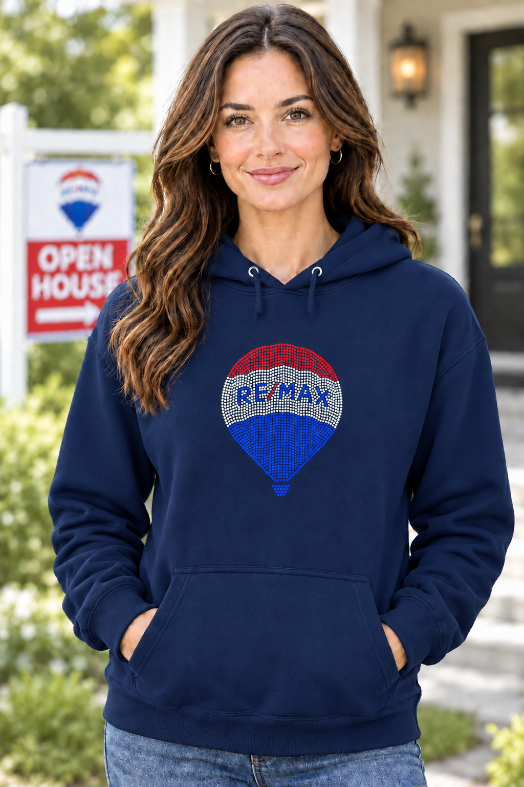 Smaller RE/MAX balloon design on navy hoodie