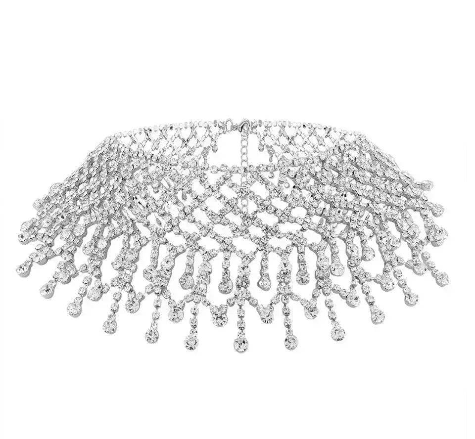Sparling Rhinestone Diamond Fringed Tassel Choker Necklace for Women Bridal Wedding Luxury Necklace
