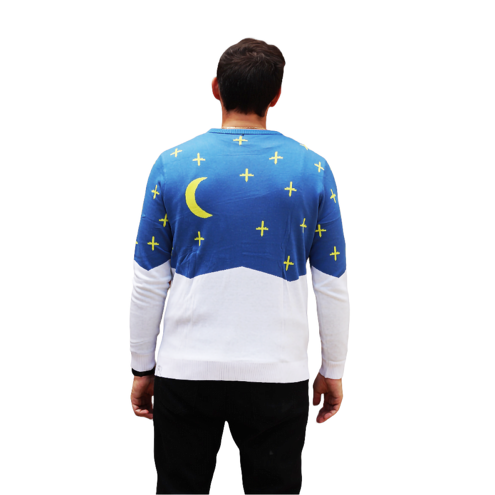 Crewneck sweater with blue back yoke, yellow moon and cross pattern, long sleeves