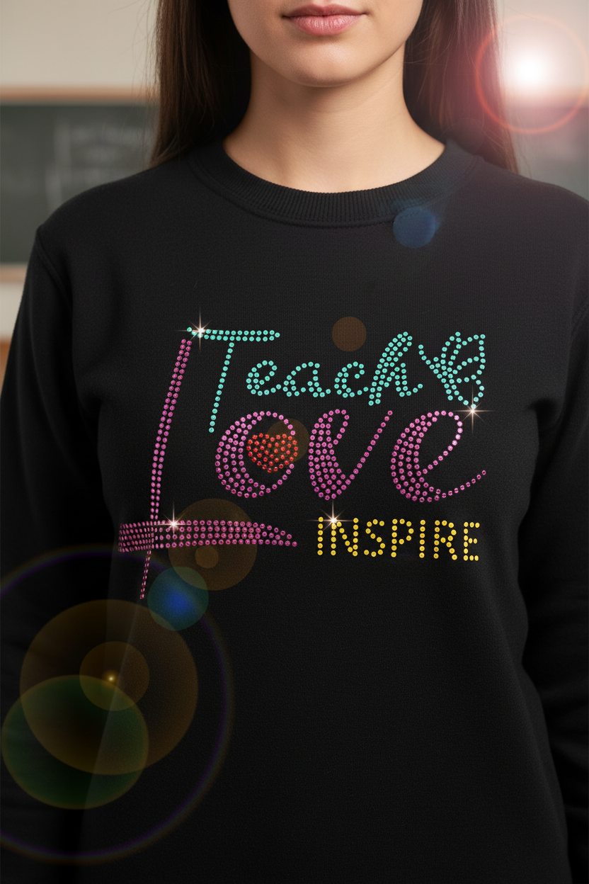 A person wearing a black crewneck sweatshirt with a rhinestone-style graphic that reads 'Teach Love INSPIRE' in pink, teal, and yellow lettering.