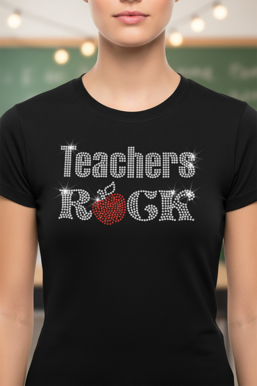 Black crew-neck T-shirt with rhinestone 'Teachers Rock' lettering