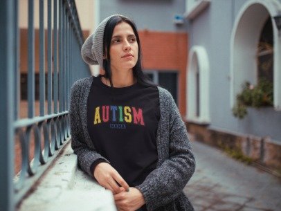 Dark gray sweatshirt with rainbow AUTISM MAMA front graphic