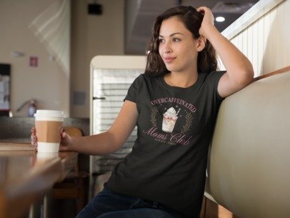 Black T-shirt with coffee mug graphic and laurel wreath, round neck