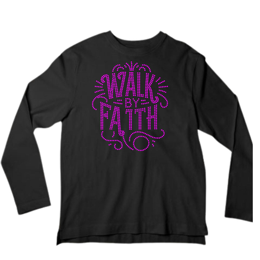 Walk by Faith Rhinestone Shirt – Christian Inspirational Sparkle Bling Tee | Blingdazzel LONG SLEEVE T-SHIRT