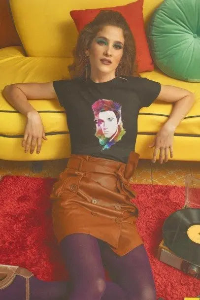 Black long-sleeve crew graphic shirt with colorful portrait print, worn relaxed