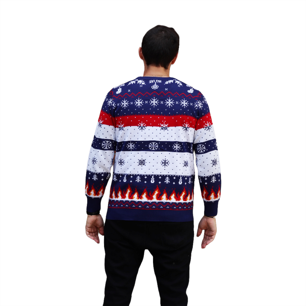 Work-life balance sweater back, dark blue knit with red and white holiday fair isle bands