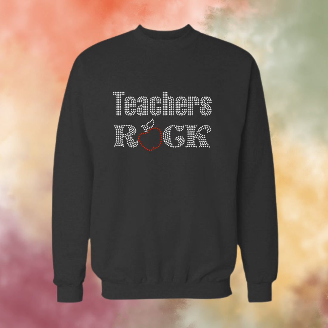 Cheerful teacher in classroom wearing Teachers Rock clear crystal rhinestone shirt – Back to School Rhinestone Shirts by Blingdazzel