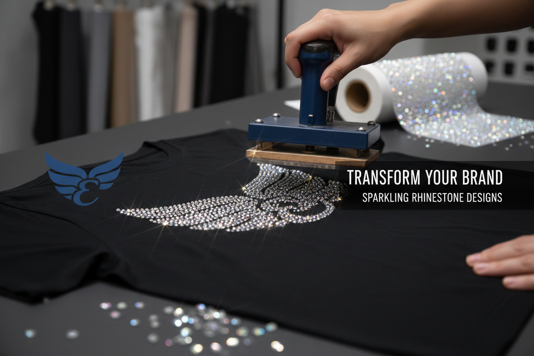Company logo being transformed into sparkling rhinestone design on apparel