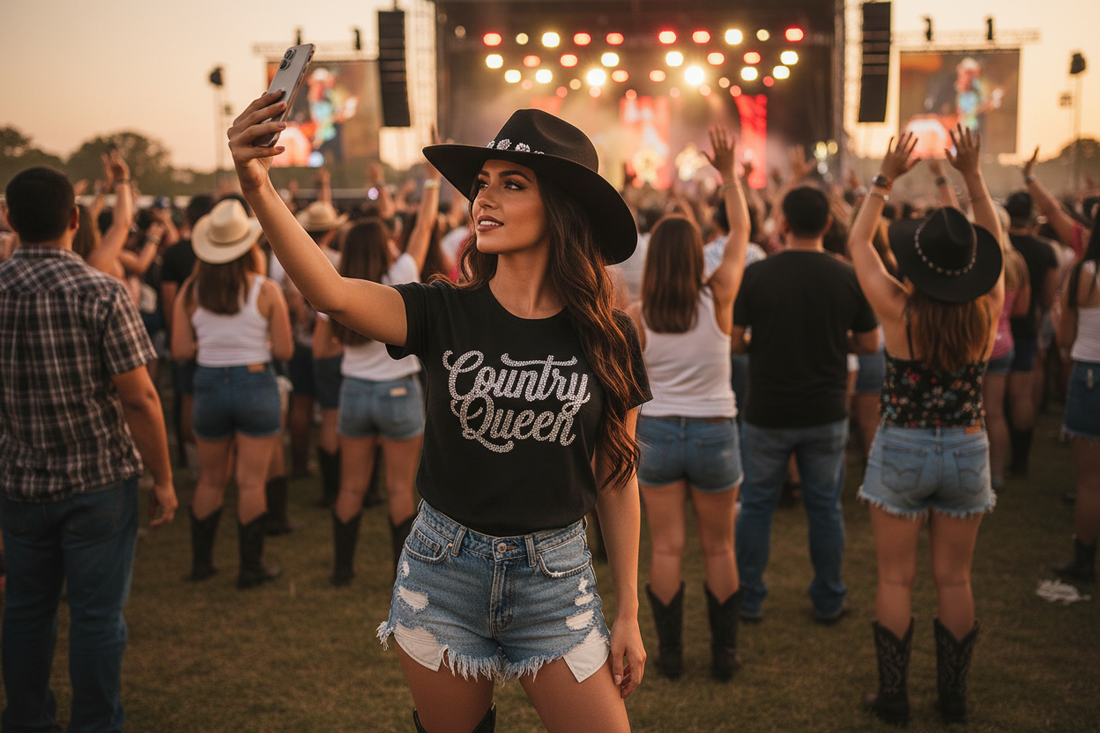 Woman in black rhinestone t-shirt at outdoor country concert – sparkle outfit ideas by Blingdazzel
