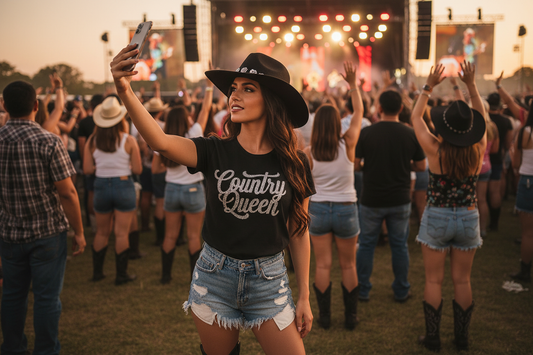 Woman in black rhinestone t-shirt at outdoor country concert – sparkle outfit ideas by Blingdazzel