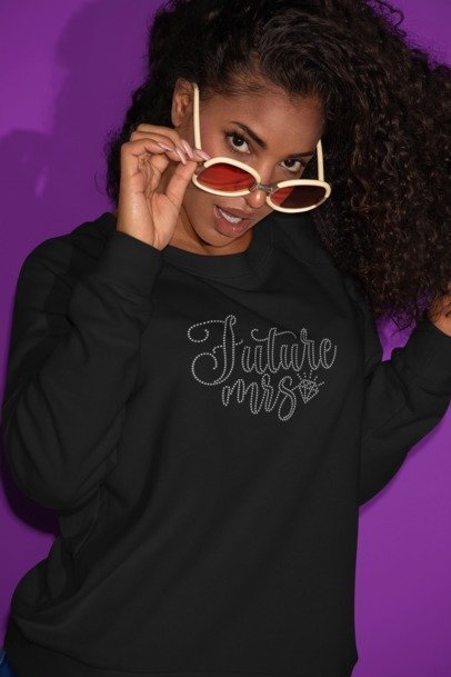 Future Mrs rhinestone crew neck sweater with diamond crystal lettering – Bridal Rhinestone Shirts by Blingdazzel
