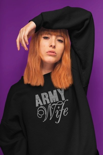 Army Wife black rhinestone crew neck sweater with crystal lettering – Military Rhinestone Shirts by Blingdazzel