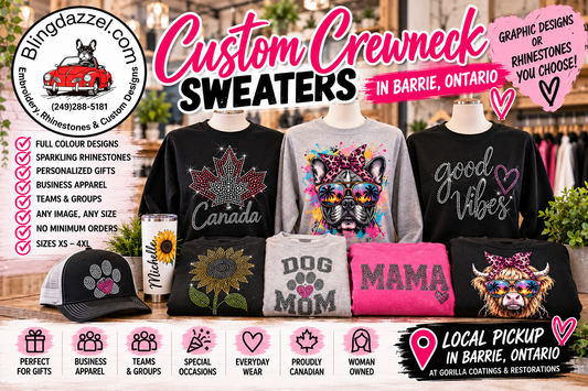Black and grey crewnecks with rhinestone and colourful dog designs – Custom Crewneck Sweaters Canada by Blingdazzel