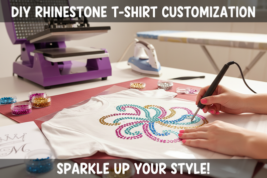 DIY rhinestone t-shirt customization workspace with tools, rhinestones, and transfer paper