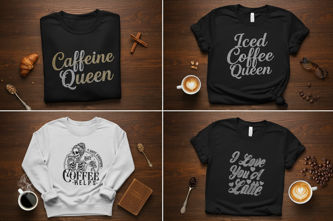 Rhinestone and graphic design coffee shirts collage – Gifts for Coffee Lovers Canada by Blingdazzel