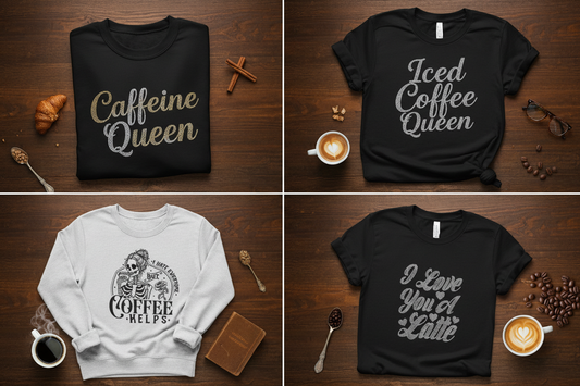 Rhinestone and graphic design coffee shirts collage – Gifts for Coffee Lovers Canada by Blingdazzel
