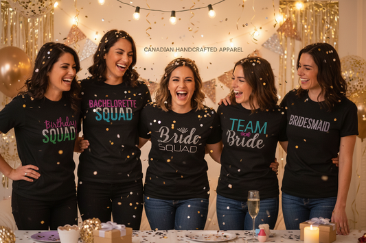 Group of women in matching black rhinestone shirts celebrating together – custom group orders by Blingdazzel