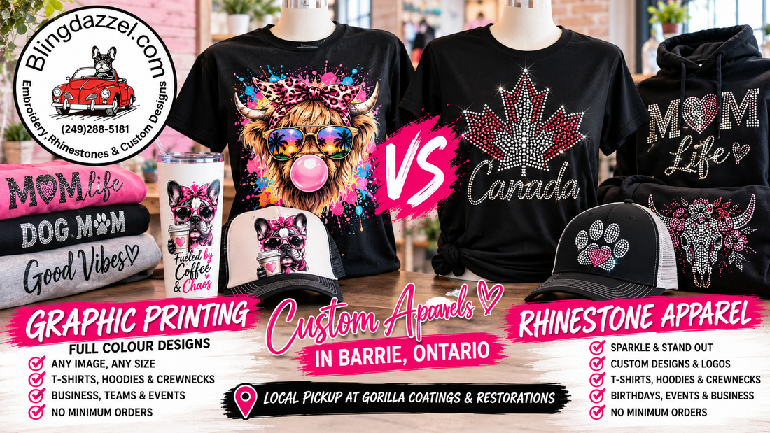 Graphic-print and rhinestone shirts, hoodies, caps and tumblers – Custom Apparel Canada by Blingdazzel