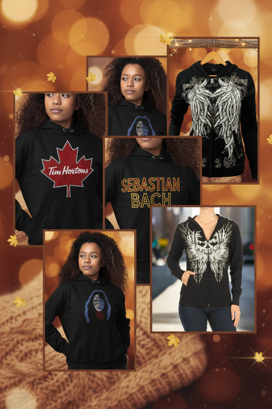 Blingdazzel rhinestone hoodie collection collage with fall bokeh background – Rhinestone Hoodies Canada Fall 2026 by Blingdazzel