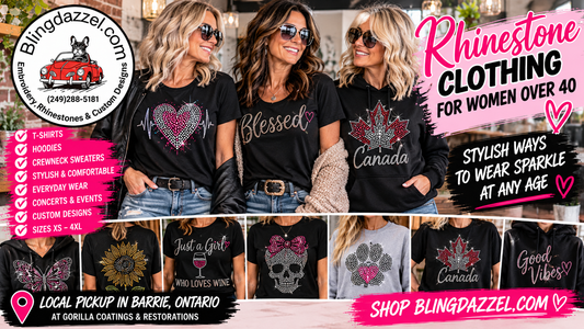 Women wearing black rhinestone tops with jeans – Rhinestone Clothing for Women Over 40 by Blingdazzel