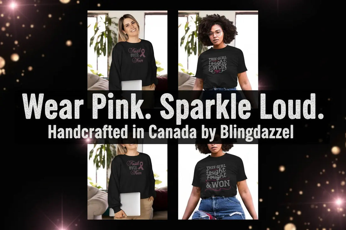 Breast cancer rhinestone shirts collage – Support Squad, Faith Over Fear, Survivor and Crush Cancer by Blingdazzel