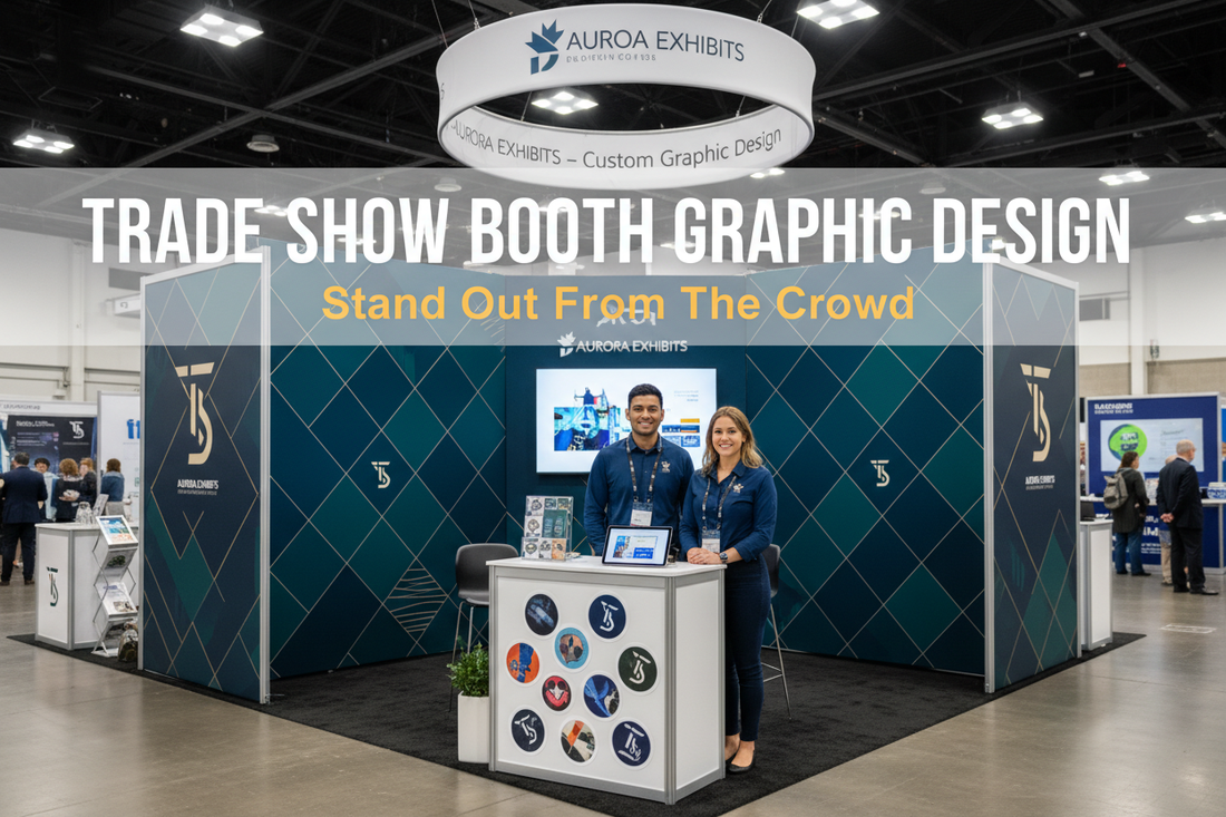 Professional trade show booth with branded shirts and custom stickers – Trade Show Graphic Design by Blingdazzel