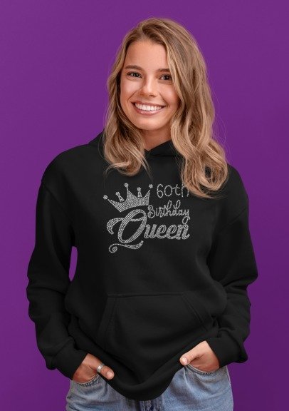 Black rhinestone Queen birthday hoodie with crown and “60th” design