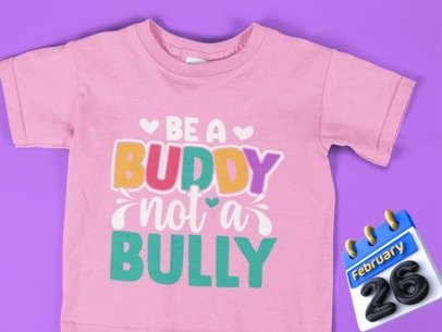Kids pink t-shirt with heart and "Be a Buddy not a Bully" graphic