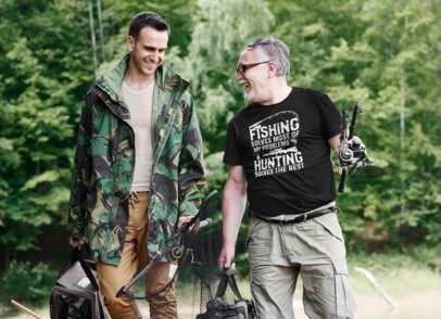Black graphic shirt with fishing-and-hunting text on the front