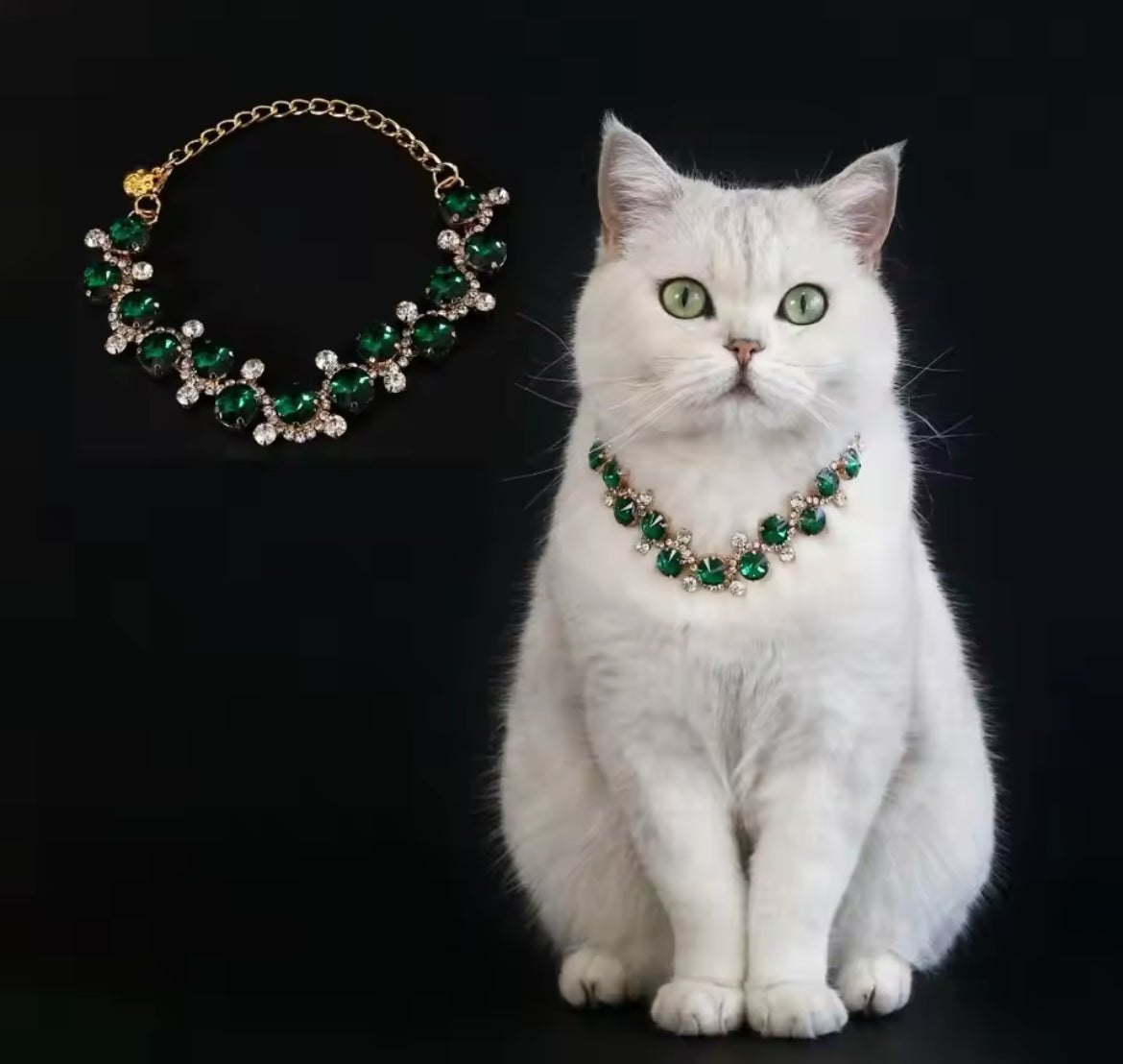 Green rhinestone pet necklace on a gold chain with round crystal links