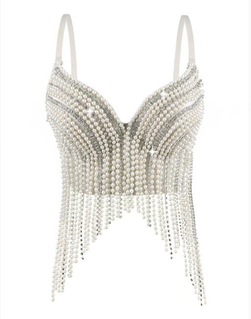 White rhinestone chain bra top with heart-shaped neckline and dangling fringe straps