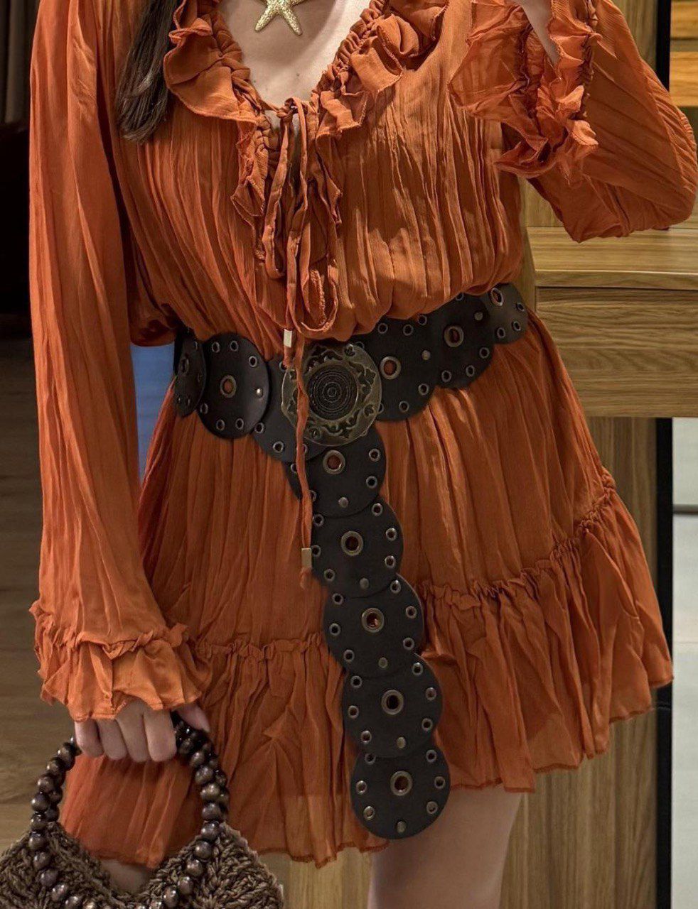 Boho rhinestone waist belt: black studded discs, round medallion buckle, long dangling tail