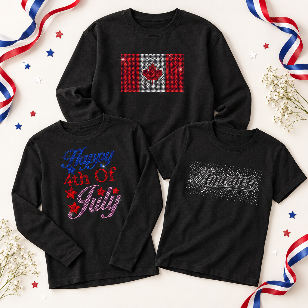 Black tops with Canada flag, Happy 4th of July and America designs – Patriotic rhinestone apparel by Blingdazzel