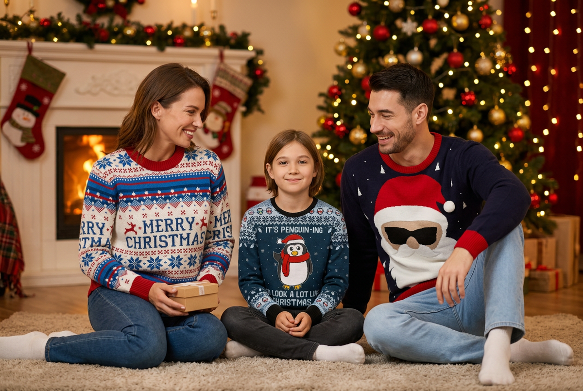 Christmas collection banner using the collection’s actual sweater photos as references