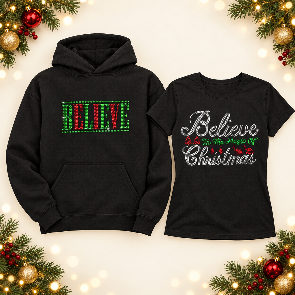 Black BELIEVE hoodie and Christmas rhinestone tee with festive greenery – Christmas apparel by Blingdazzel