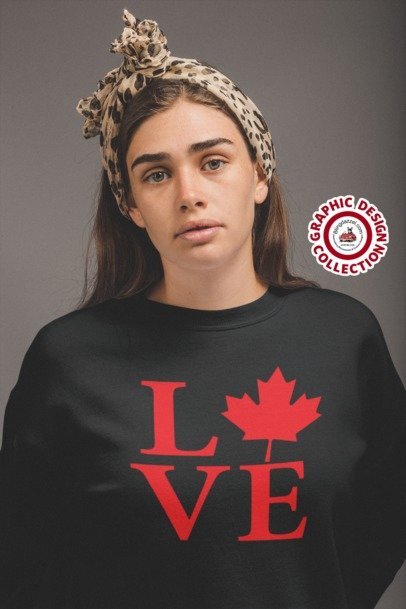 Model wearing a black sweatshirt with red LOVE lettering and a maple leaf – Canada graphic apparel by Blingdazzel
