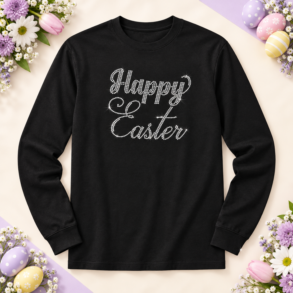 Black Happy Easter rhinestone top surrounded by pastel eggs and flowers – Easter apparel by Blingdazzel