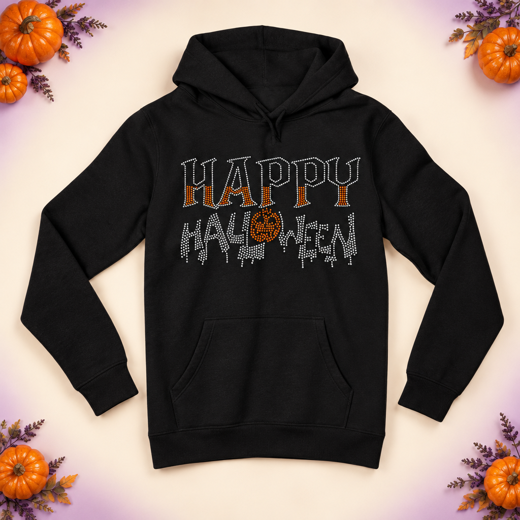 Black Happy Halloween hoodie with orange and silver rhinestones and pumpkins – Halloween Rhinestone Apparel by Blingdazzel