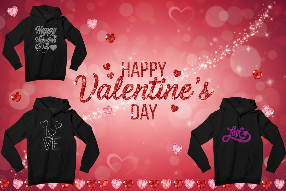 hree black rhinestone hoodies with Happy Valentine's Day and Love designs on red heart background – Valentine's Day Collection by Blingdazzel
