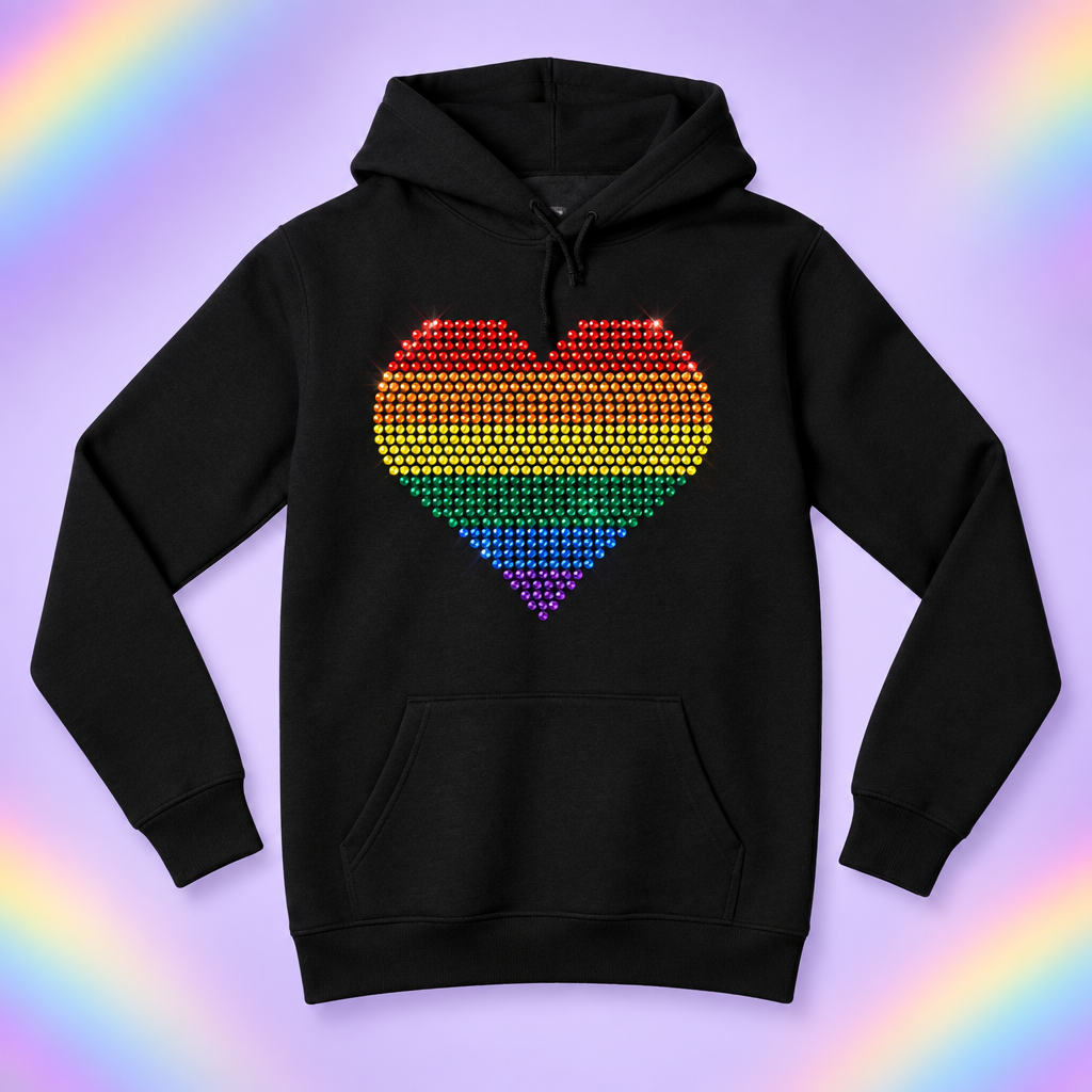 LGBTQ+ Pride collection image featuring Rainbow Heart rhinestone apparel