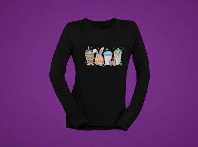 Black crew neck long-sleeve shirt with Easter bunny coffee graphic across front